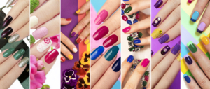 A diverse range of nail design.Solid color manicure with bright nail polishes.